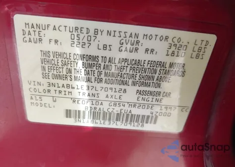 2007 Nissan Sentra 2.0 from USA, damaged, VIN 3N1AB61E37L709128